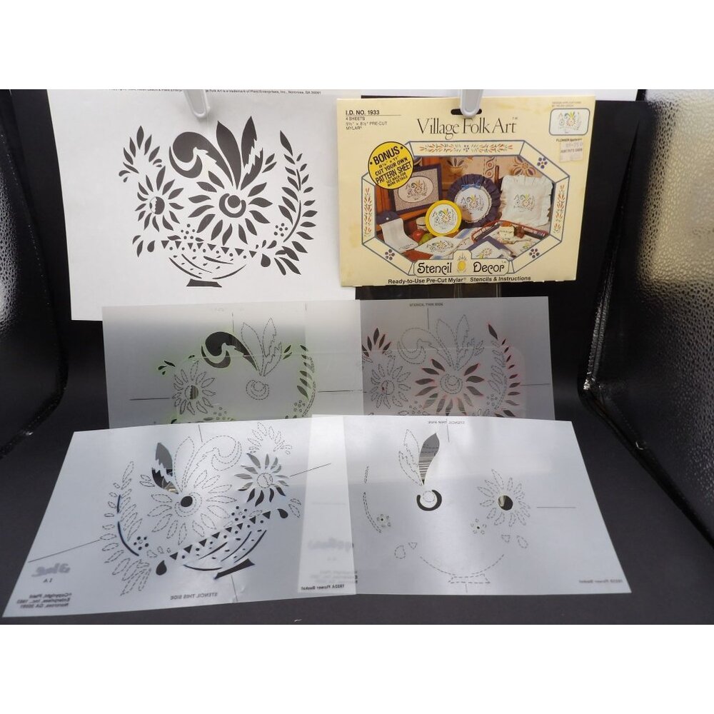 Village Folk Art Stencil Decor Kit - Flower Basket Design 4 Sheets Pre-Cut Mylar